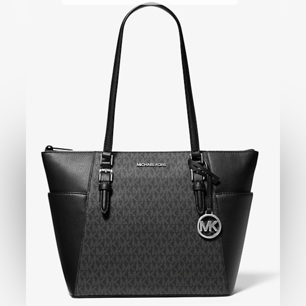 Michael Kors Charlotte Large Logo and Leather Top-Zip Tote Bag